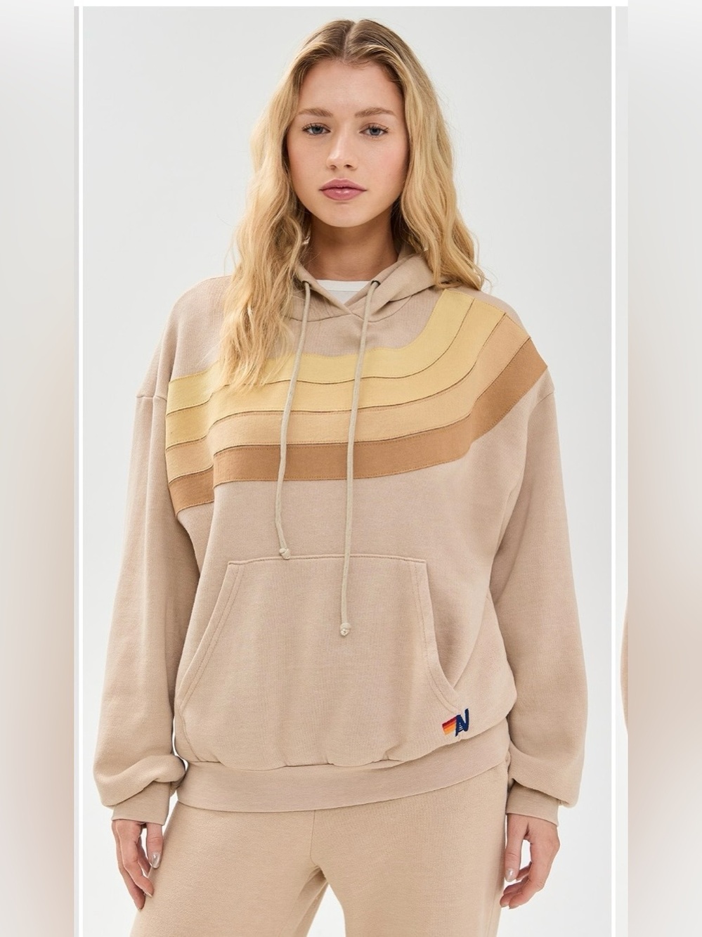 Aviator Nation wave stripe 4 relaxed pullover hoodie sand